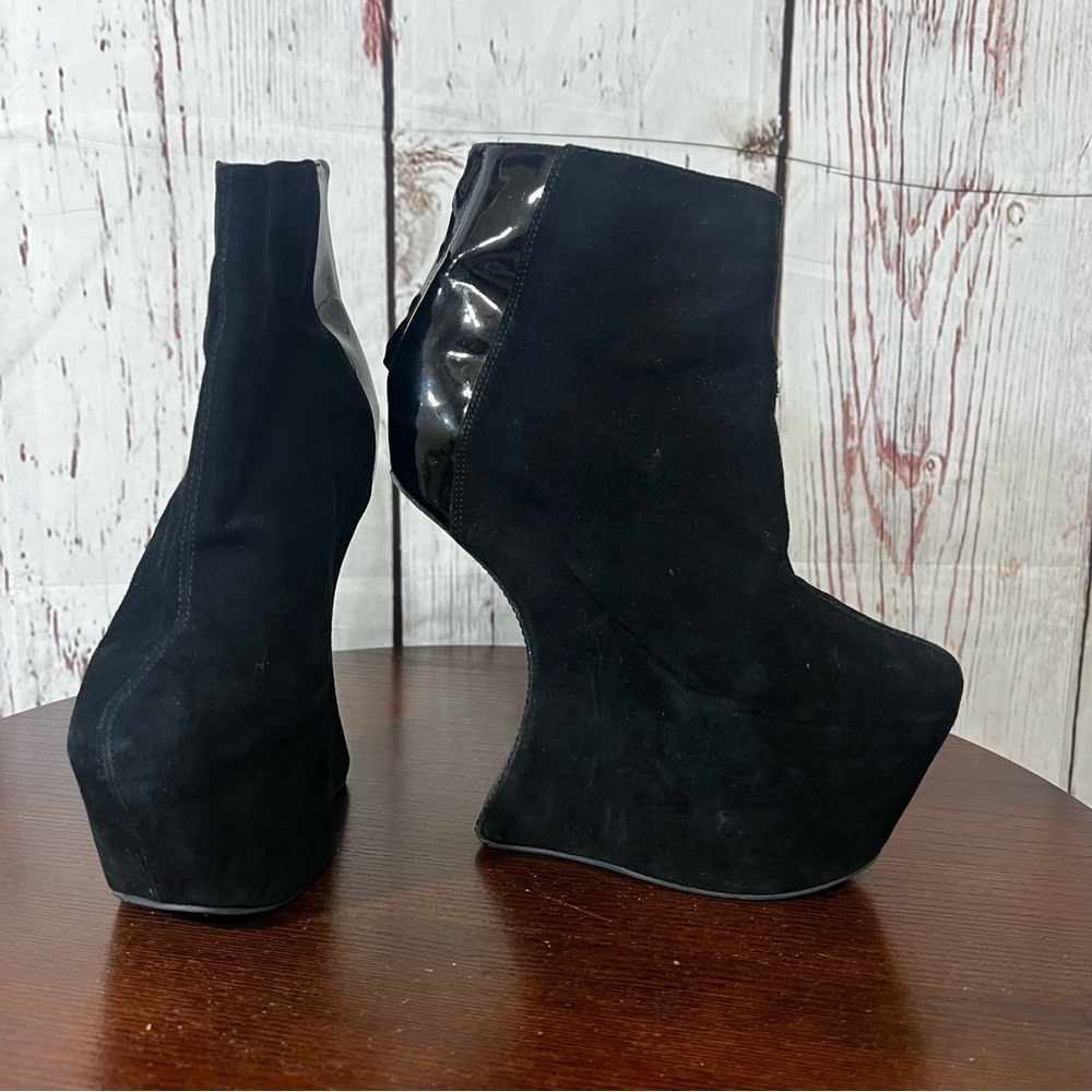 JEFFREY CAMPBELL NITE MATE Chic Black Suede & Patent Platform Ankle Booties 7 - Picture 1 of 10